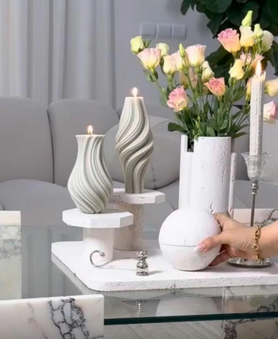 Küçük Vazo Mum 1 Adet +Büyük Vazo Mum 1 Adet- Çizgili şamdan Mum 1 Adet - Toplam 3 Parça Takım