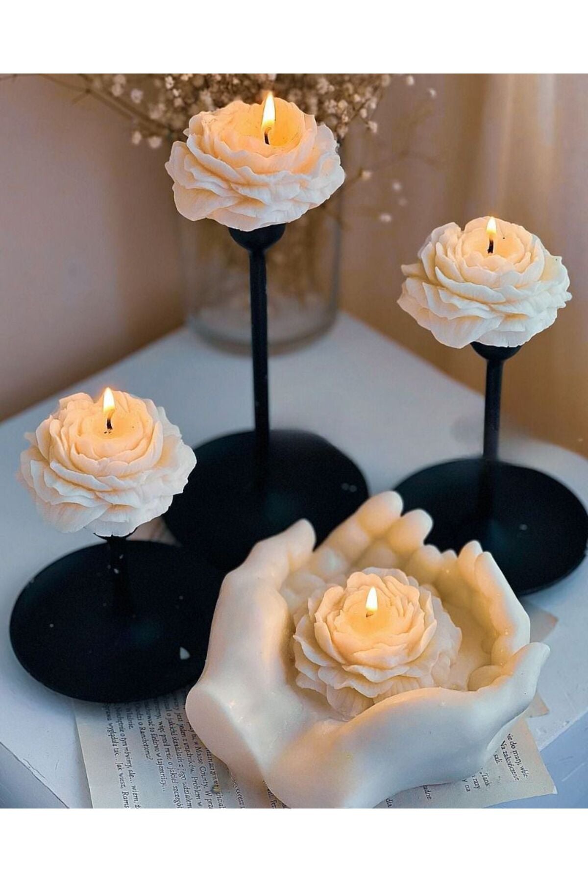 Lumieri Candle El Yapımı Kokusuz Açmış Şakayik Gül Dekoratif Mum– Vanılya Kokulu-Kırık Beyaz -7 cm 9'lü