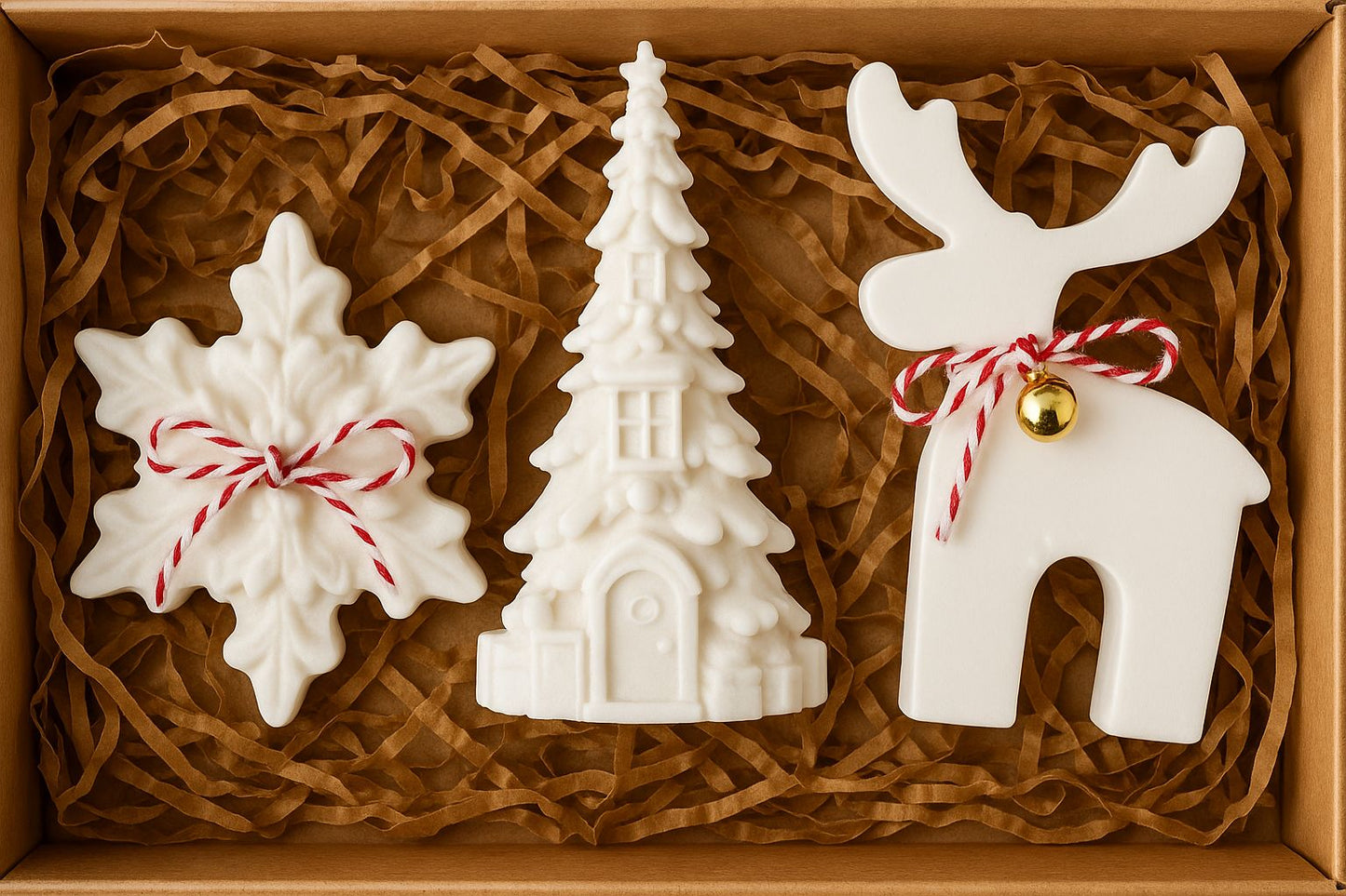 CANDLE El Yapımı Kar Tanesi, Çam Ağacı ve Geyik Figürlü Mum Seti – 3’lü | Soya Wax| Kış Koleksiyonu -Vanilya kokulu