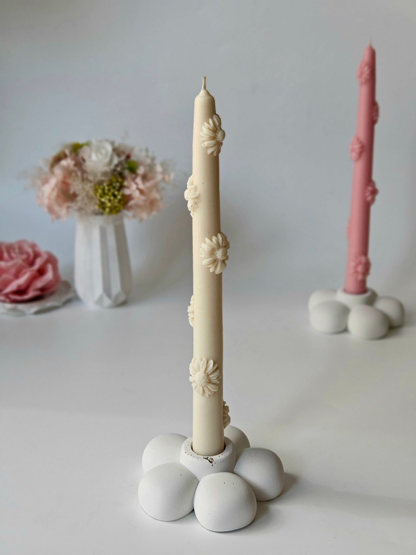 CANDLE El Yapımı kokusuz Çiçek Desenli Dekoratif Soya Wax Şamdanlık Mum – 2’li Set – 18 cm Vanilya Kokulu
