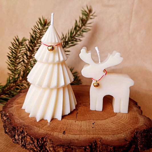 CANDLE El Yapımı Yılbaşı Çam Ağacı ve Geyik Figürlü Mum Seti – 2’li | Soya Wax| Kış Koleksiy-Vanilya kokuluonu 10*2.5Cm