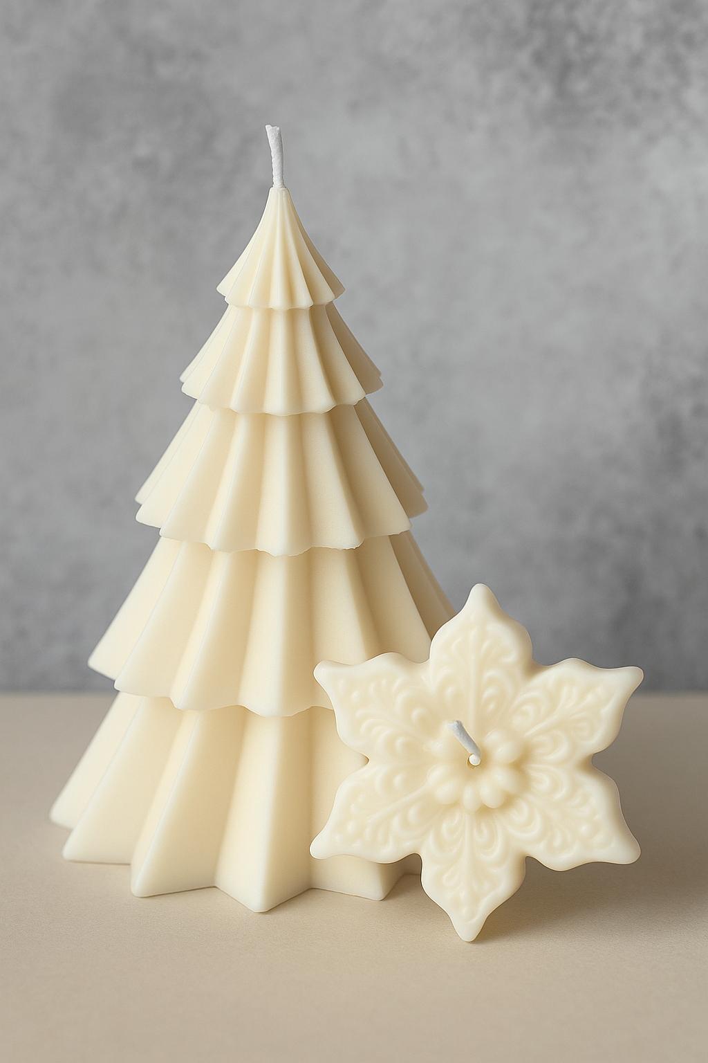 CANDLE El Yapımı Yılbaşı Ağacı Mum -Yeni Yıl Kar Tanesi Figürlü 2' li Takım-Vanilya kokulu