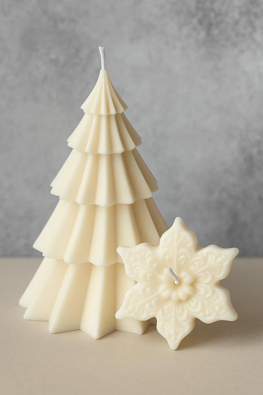 CANDLE El Yapımı Yılbaşı Ağacı Mum -Yeni Yıl Kar Tanesi Figürlü 2' li Takım-Vanilya kokulu