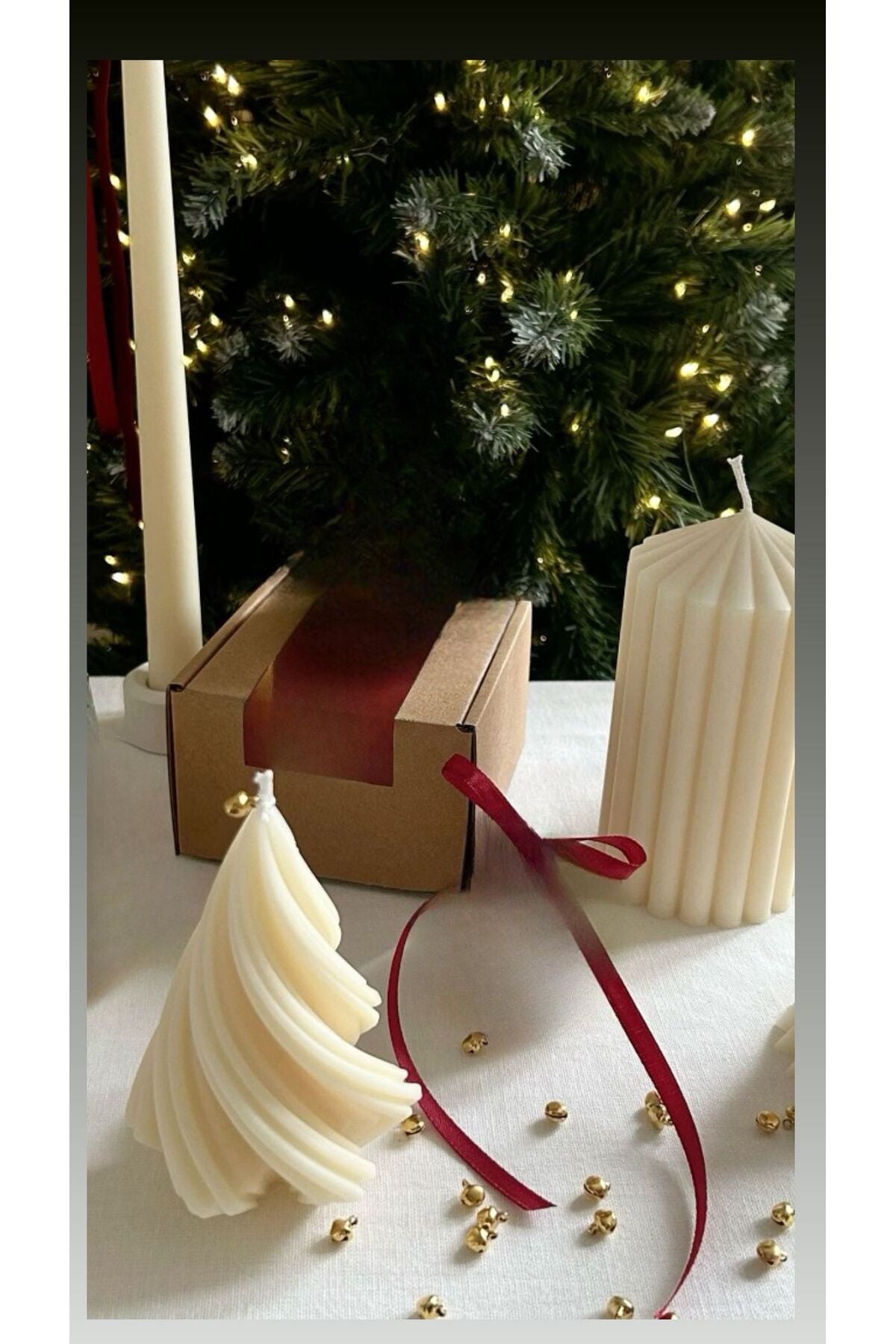 CANDLE El Yapımı Çam Ağacı Yeni Yıl 10 cm + Çokgen Uzun Desenli Dekoratif 10*5 cm Vanilya Kokulu