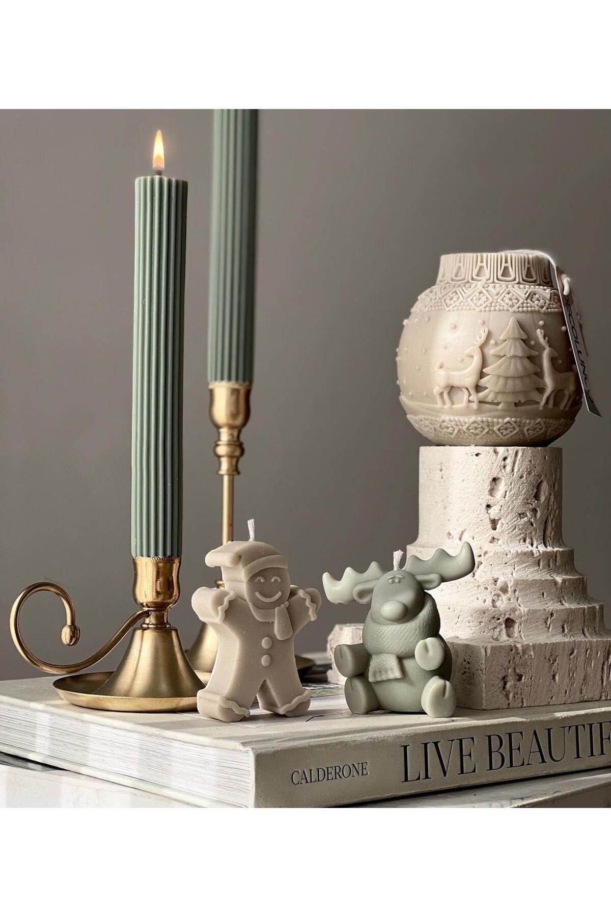 Dekoratif Mum Geyik +çizhili şamdan Mum +cion +kardan adam toplam 5 parça