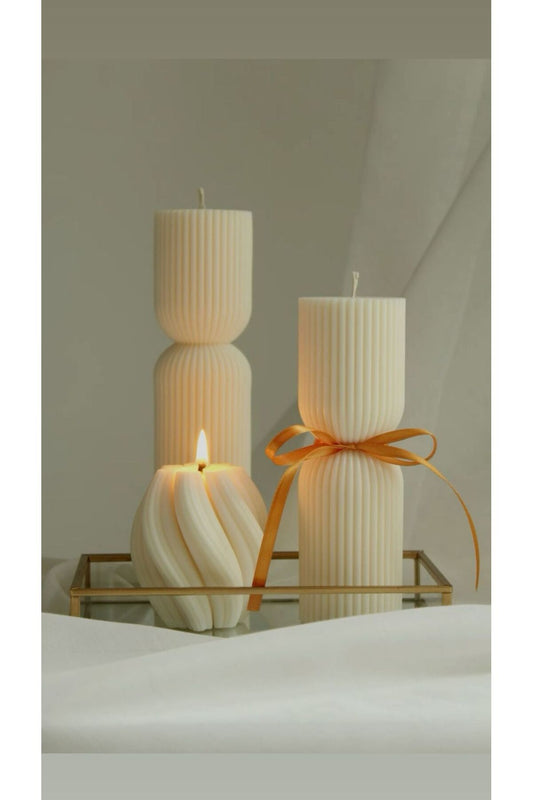 CANDLE El Yapımı Kokusuz Burgu Desenli 10*5- Çokgen Yuvarlak Dekoratif Mum– Kırık Beyaz -20*5-15*5