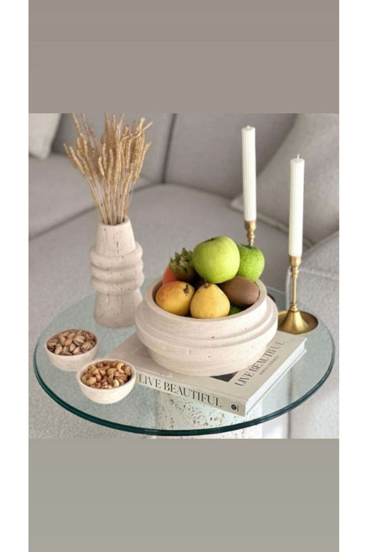 Premium Doğal Traverten Mermer Form El Oyması Dekoratif Kase