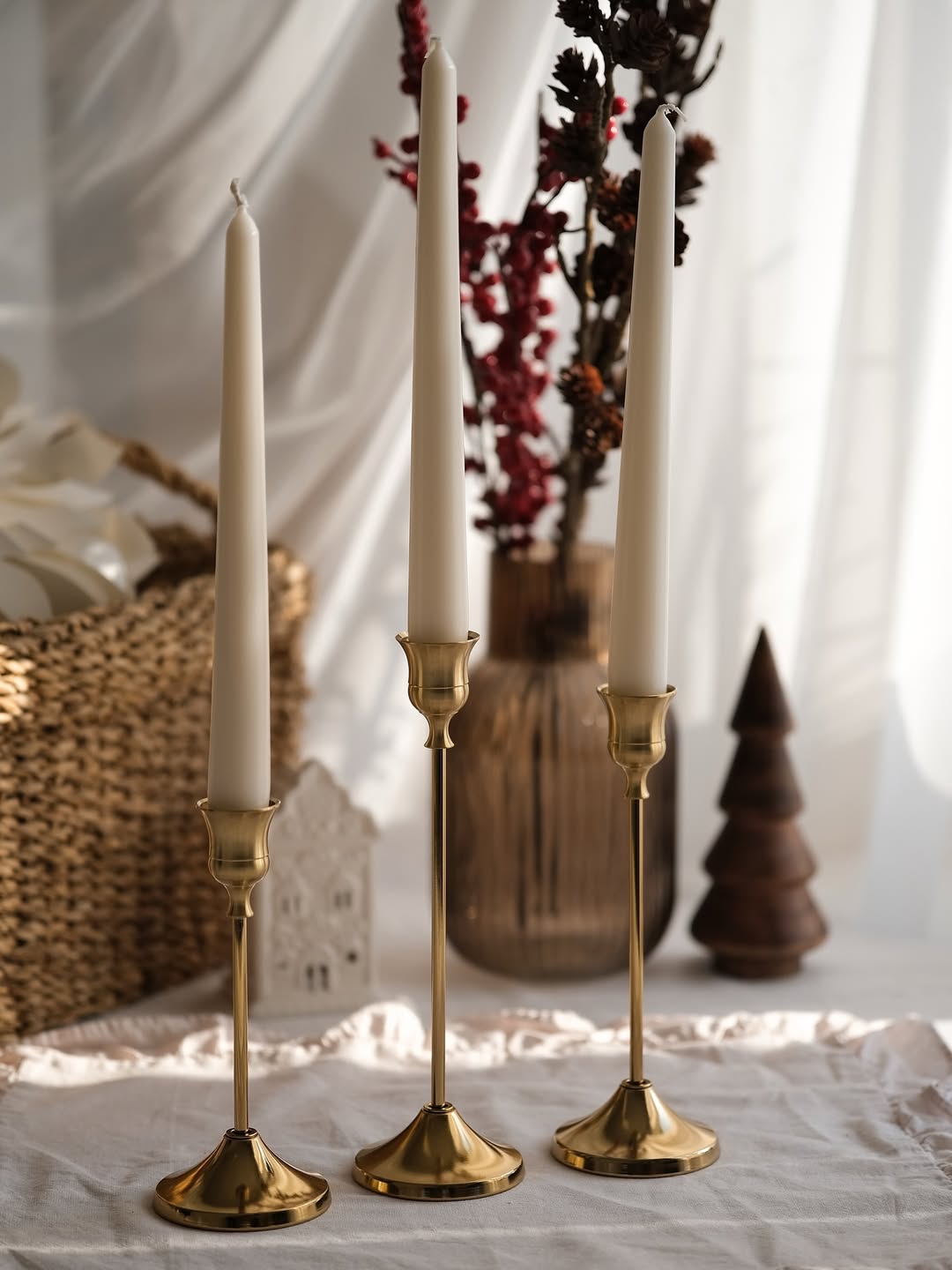 3’lü Gold Metal Şamdan Seti | Dekoratif Mumluk | Modern & Şık Ev Dekorasyonu