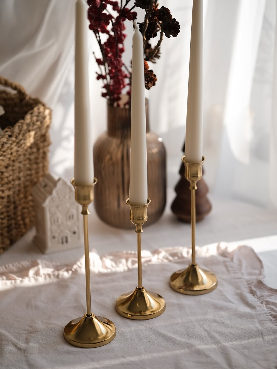 3’lü Gold Metal Şamdan Seti | Dekoratif Mumluk | Modern & Şık Ev Dekorasyonu