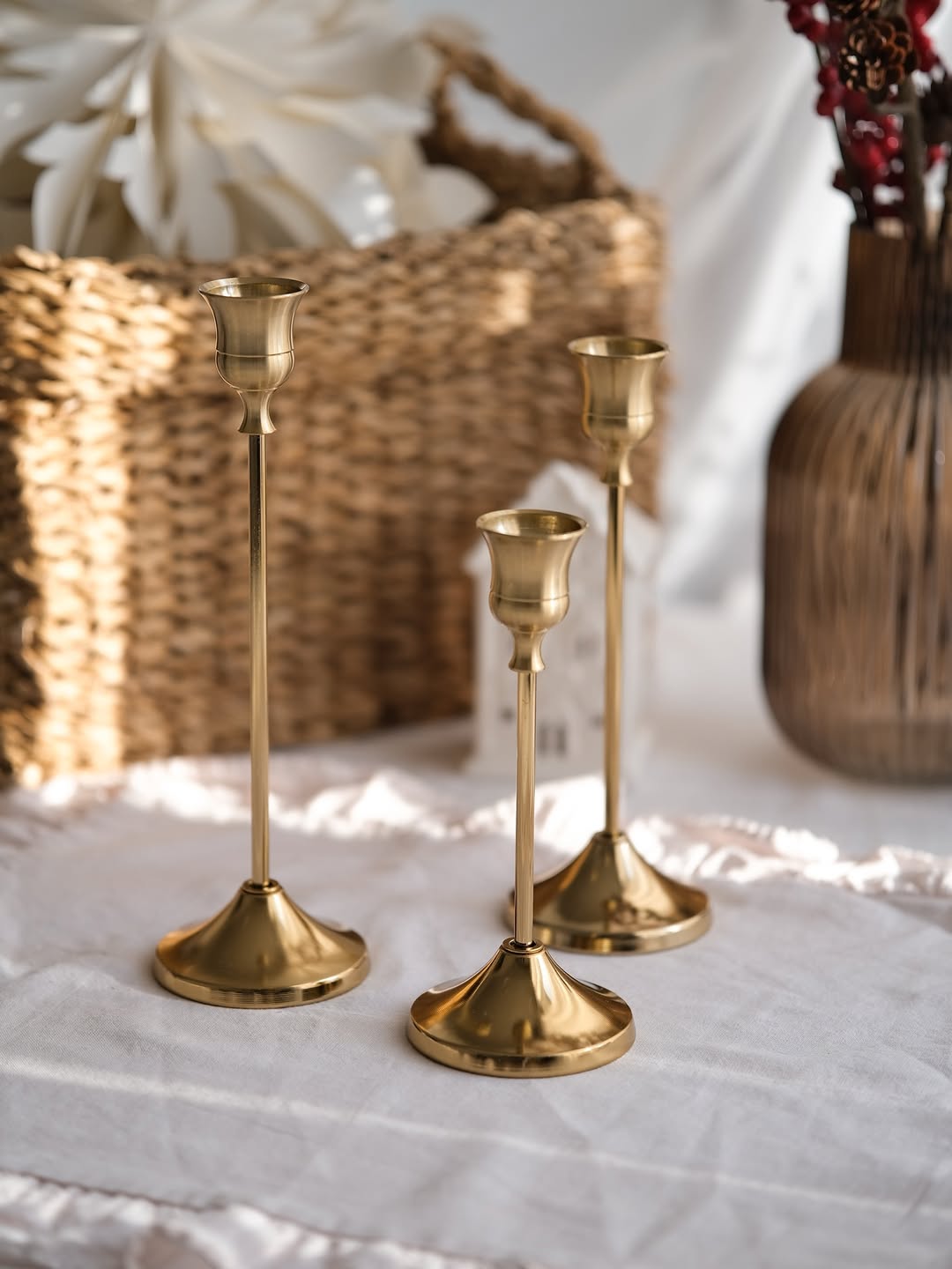 3’lü Gold Metal Şamdan Seti | Dekoratif Mumluk | Modern & Şık Ev Dekorasyonu