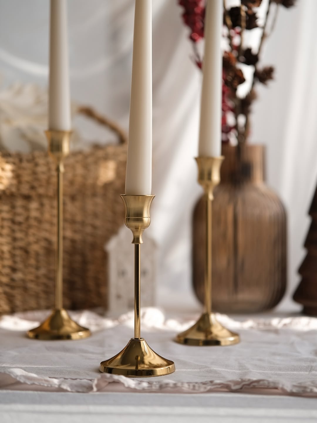 3’lü Gold Metal Şamdan Seti | Dekoratif Mumluk | Modern & Şık Ev Dekorasyonu