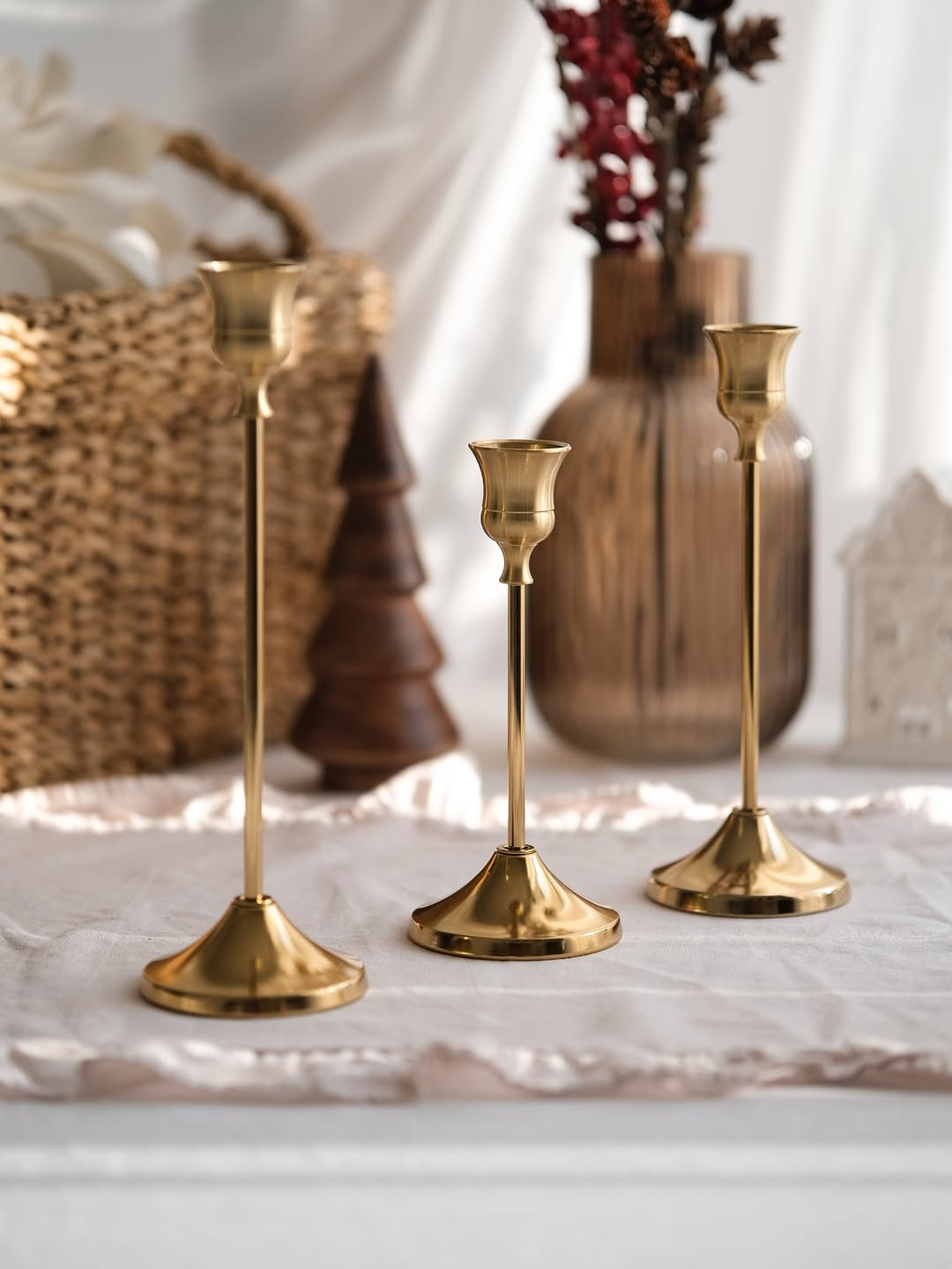 3’lü Gold Metal Şamdan Seti | Dekoratif Mumluk | Modern & Şık Ev Dekorasyonu