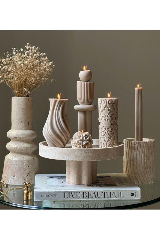 Dekoraitf mum Tek Top +Vazo+Çizgili Mum +Gül +çizgili şamdan Mum Toplam 5 Parça