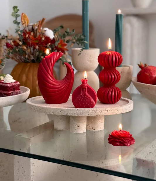 Dekoratif Mum Üçlü Top Model 1 Adet + Ay Model 1 Adet +Çizgili Şamdan Mum 2 Adet + Gül 1 Adet - Toplam 5 Parça Takım