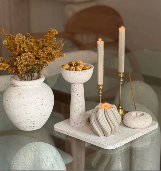 Şamdanlık Mum 2Adet+Dalga Yuvarlak Model 1 Adet - Toplam 3 Parça Takım
