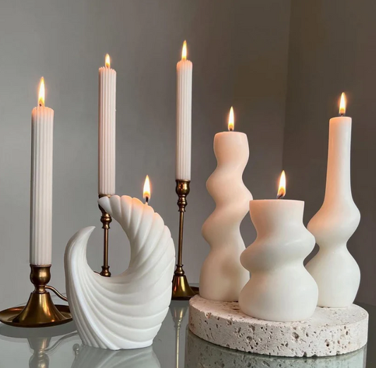 Şamdanlık Mum 3 Adet +Ay Model Dekoratif Mum 1 Adet + 3'lü Set Dalgalı Mum - Toplamda 7 Parça Takım