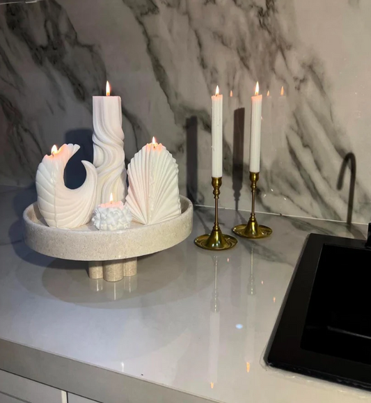 Şamdanlık Mum 2 Adet +Ay Mum 1 Adet +Dalga Mum 1 Adet +Palm Mum 1 adet +Gül 1 Adet - Toplam 6 Parça Takım