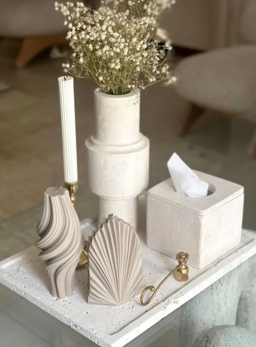 Dekoratif Palm Mum 1 Adet +Vazo Mum 1 Adet +Şamdanlık Mum  1 Adet - Toplam 3 Parça Takım