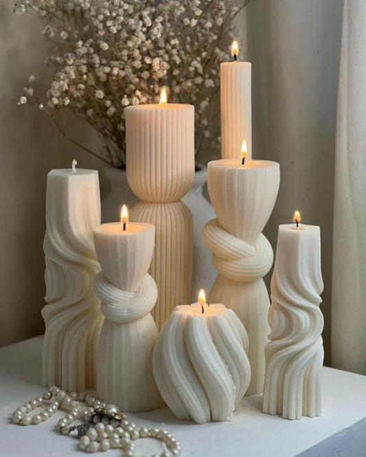 Dekoratif mum çokgen+Duyum+Dalga+Şamdan Mum +Yuvarlak Dalga Toplam 7 Parça
