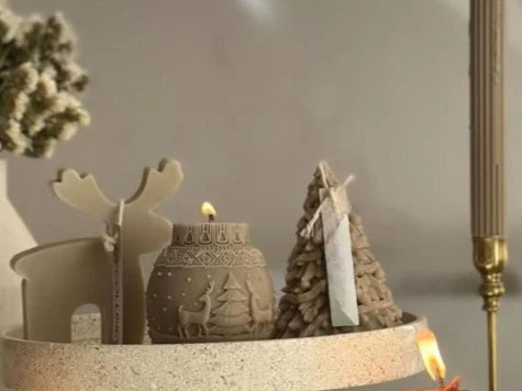 CANDLE Dekoraitf mum Geyik+Çamdan Ağaç+çizgili şamdan Mum +Coin Toplam 4 parça