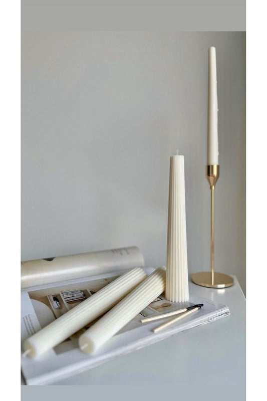 CANDLE El Yapımı Kokusuz Çokgen Uzun Şamdanlık Mum 20*4- Düz Sade Şamdanlık Mum– Kırık Beyaz 20*2 Vanilya Kokulu