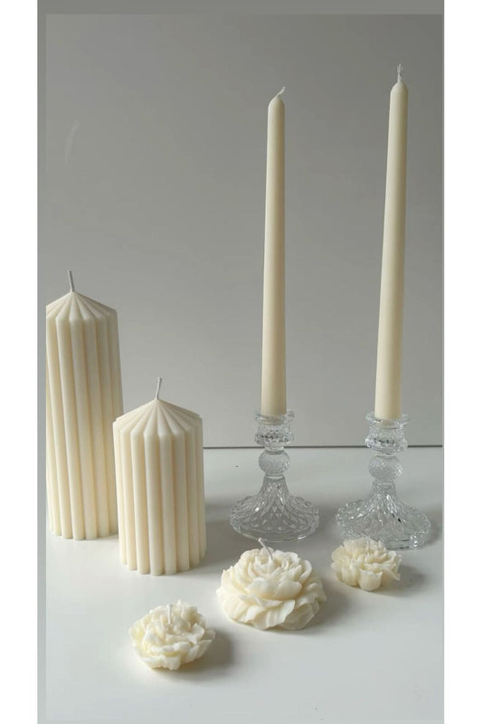 CANDLE Kokusuz Şakayik Gül 7cm-Çokgen 15*10 -20*10cm -Şamdanlık Dekoratif Mum 22*2cm Kırık Beyaz
