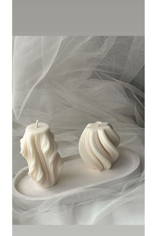 CANDLE El Yapımı Kokusuz Burgu Desenli 10*10cm- Dalga Desenli Dekoratif Mum 15*10cm– Kırık Beyaz