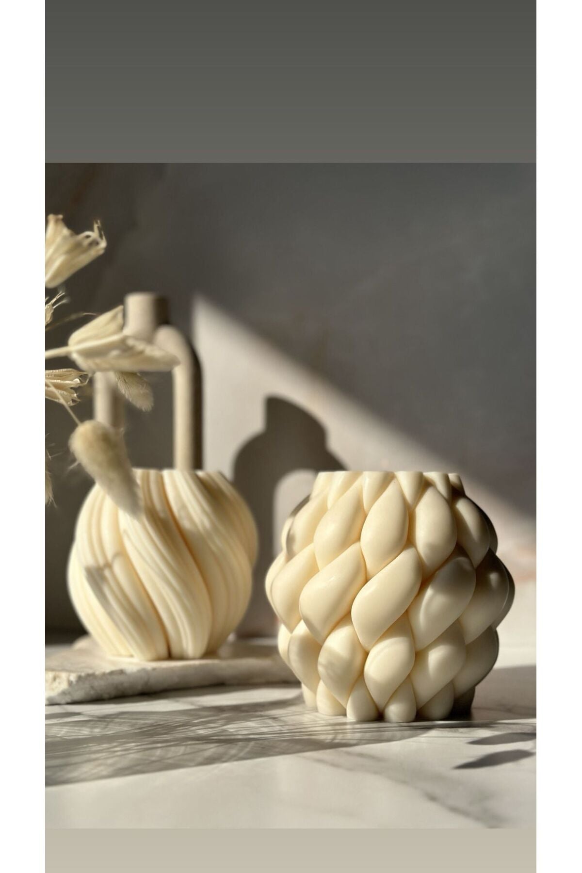 CANDLE El Yapımı Kokusuz Örgü Desenli Dekoratif Mum-20*10 - Dalga Desenli Dekoratif Mum 10*10cm