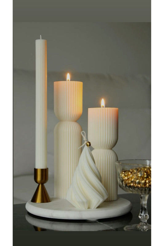 CANDLE El Yapımı Çam Ağacı YeniYıl 10cm-Çokgen Yuvarlak Dekoratif Mum 20*7-15*7 Kırık Beyaz