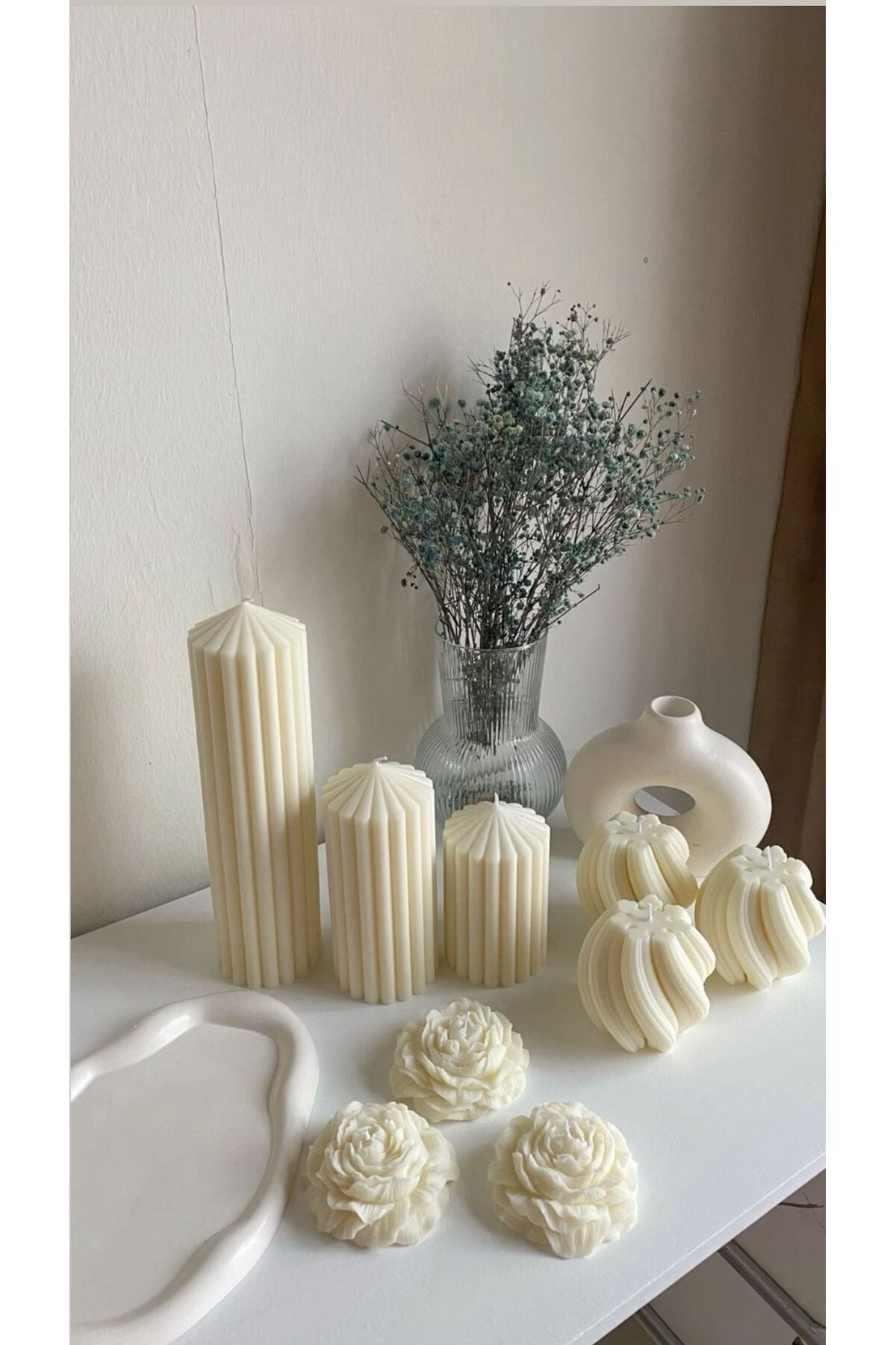 CANDLE El Yapımı Şakayik Gül 7cm-Çokgen Dekoratif Mum-10*10+15*10+20*10cm -Burgu Desenli 10*10cm Dekoratif Mum