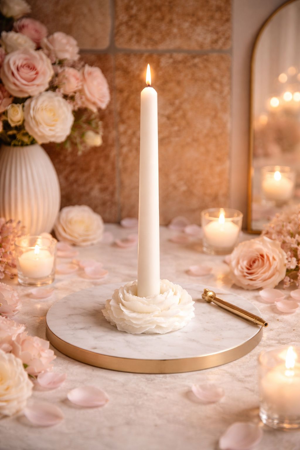 CANDLE El Yapımı Şakayik Gül Dekoratif Mum Kırık Beyaz 4*6,5cm- Şamdanlık Dekoratif Mum 20*2-Vanilya kokulu