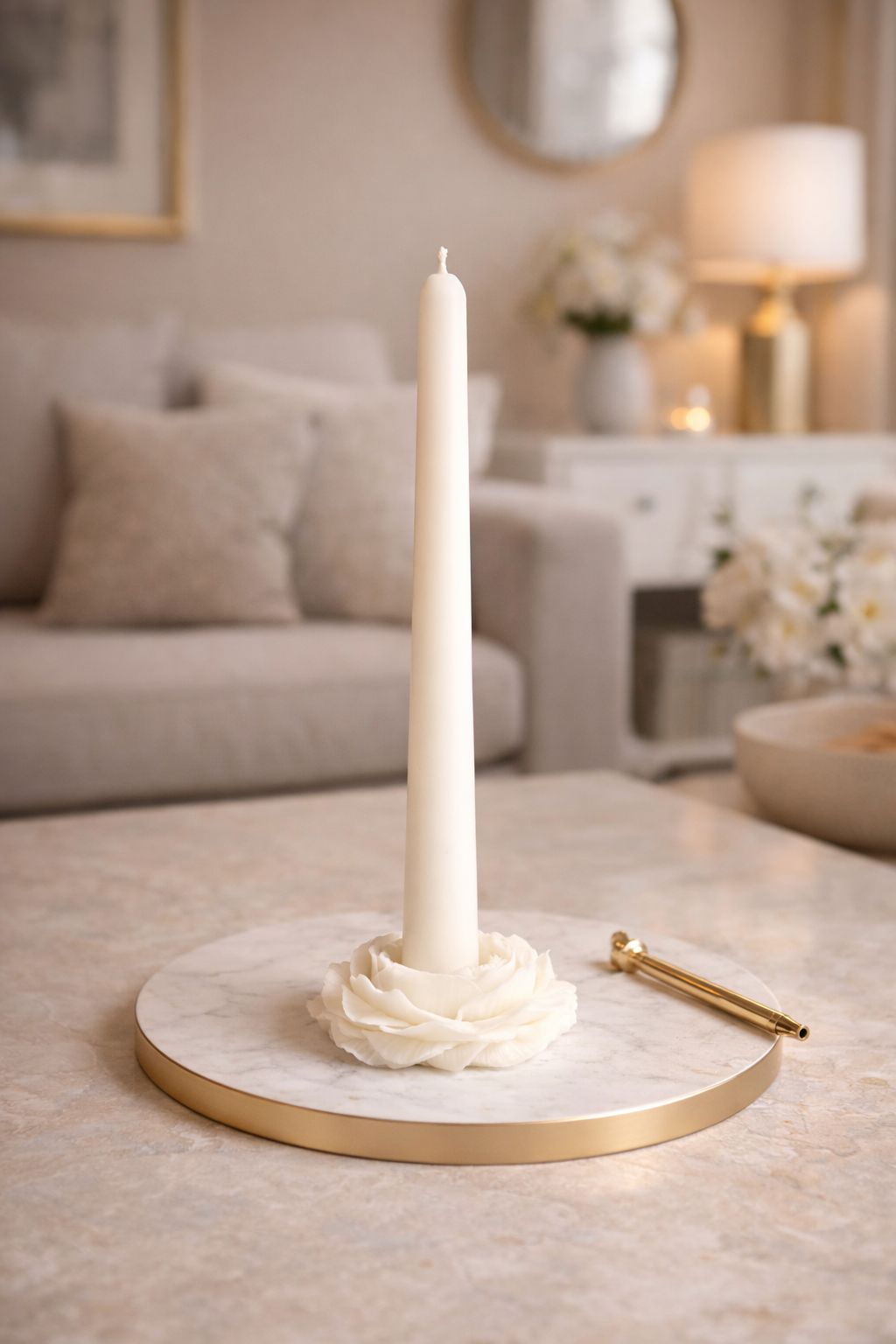 CANDLE El Yapımı Şakayik Gül Dekoratif Mum Kırık Beyaz 4*6,5cm- Şamdanlık Dekoratif Mum 20*2-Vanilya kokulu