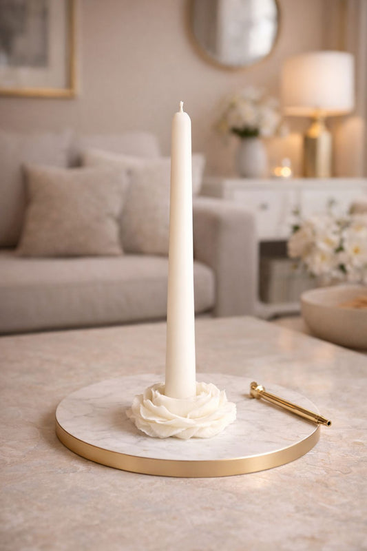 CANDLE El Yapımı Şakayik Gül Dekoratif Mum Kırık Beyaz 4*6,5cm- Şamdanlık Dekoratif Mum 20*2-Vanilya kokulu