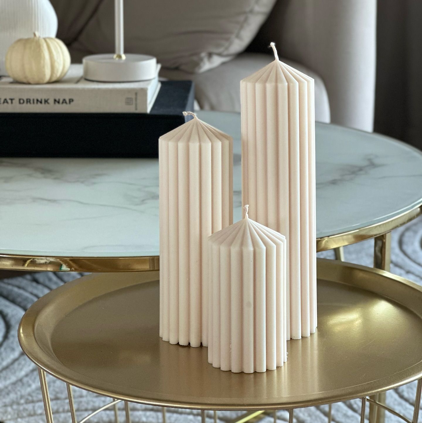 El Yapımı Kokusuz Çokgen Dekoratif Mum Kırık Beyaz 3'lü