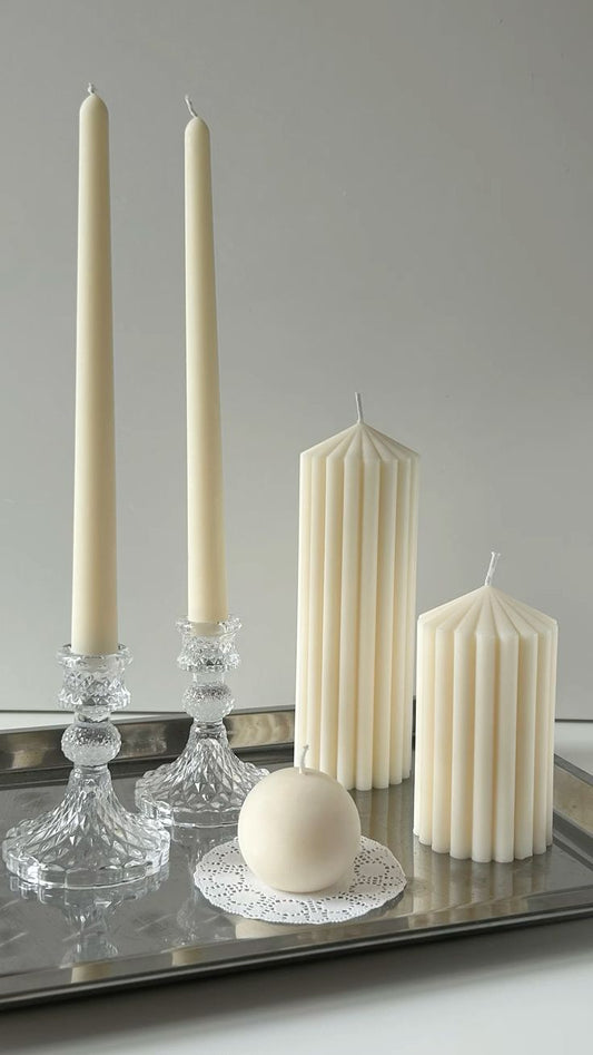 El Yapımı Kokusuz Çokgen Dekoratif Mum - Şamdanlık Mum -Yuvarlak Küre Mum -Kırık Beyaz 5'li
