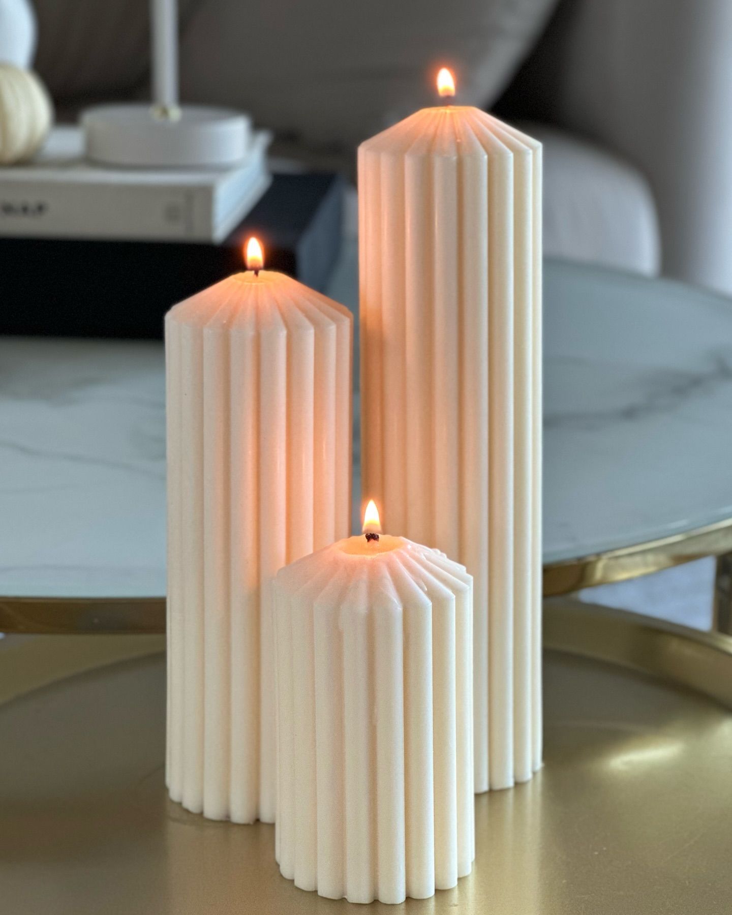 El Yapımı Kokusuz Çokgen Dekoratif Mum Kırık Beyaz 3'lü