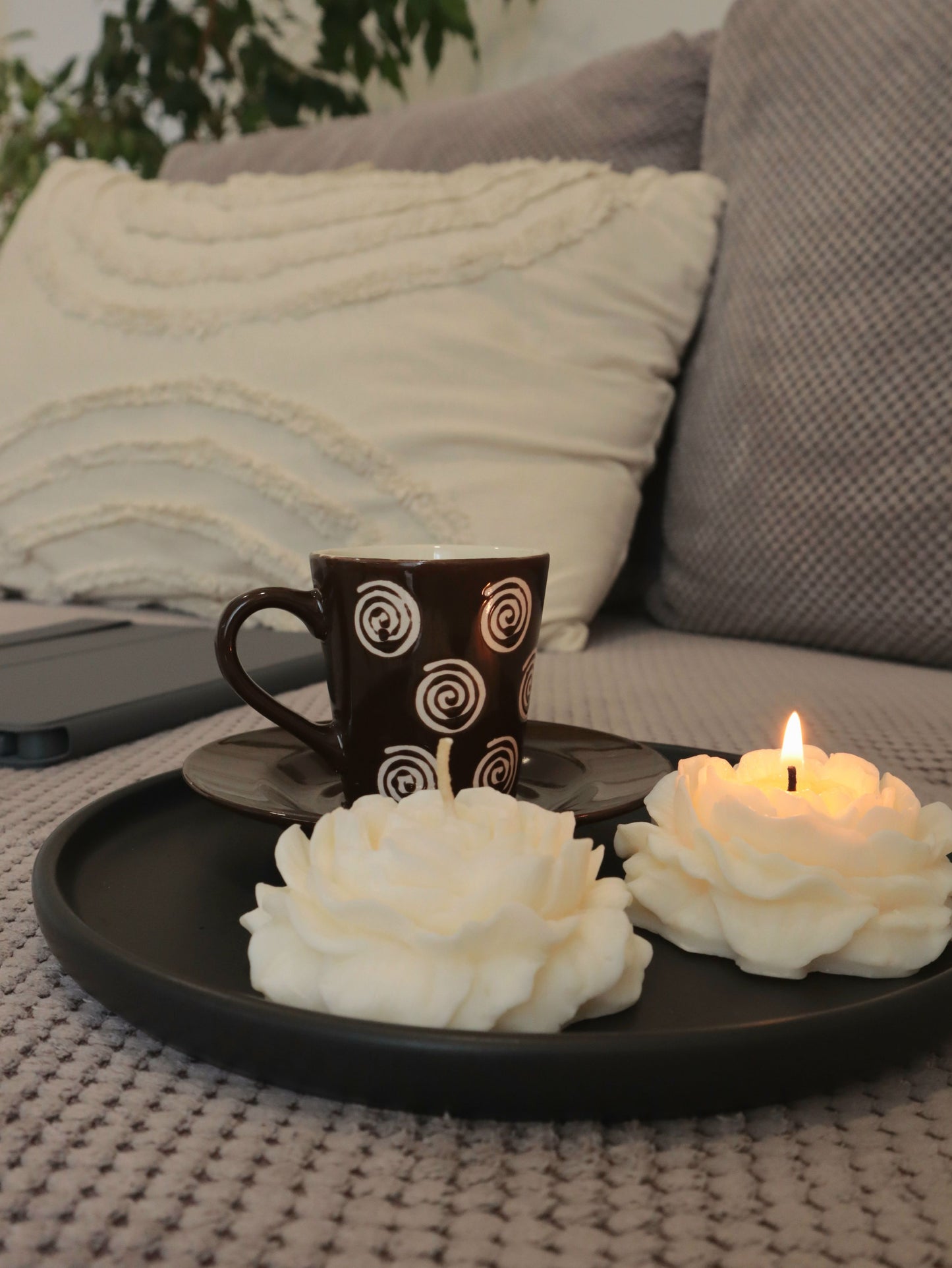 CANDLE El Yapımı Şakayik Gül 7cm-Çokgen Dekoratif Mum-10*10+15*10+20*10cm -Burgu Desenli 10*10cm Dekoratif Mum