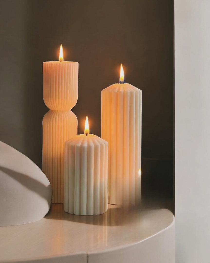 El Yapımı Kokusuz Çokgen Dekoratif Mum - Çokgen Boğumlu Mum -Kırık Beyaz 3'lü